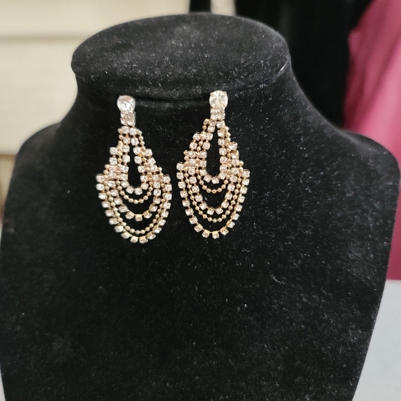 Gold and Rhinestone Chandelier Earrings - Picture 2 of 3